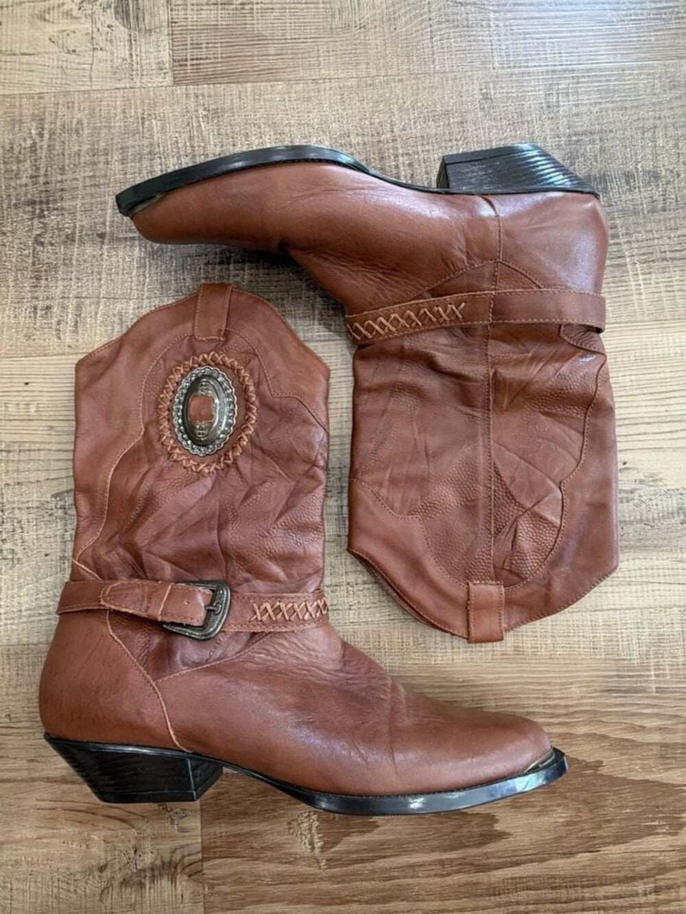 Leather Craft Premier Collection Brown Leather Western Boots Concho and Buckle